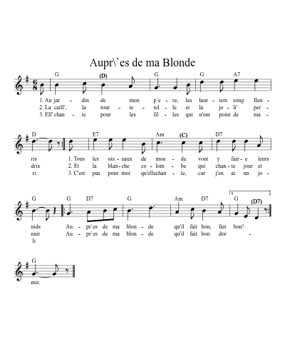 Aupr\`es de ma Blonde sheet music preview