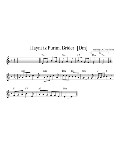 Haynt iz Purim, Brider!   [Dm]