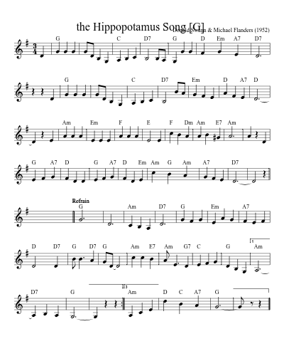 the Hippopotamus Song  [G] (Version 3) sheet music preview