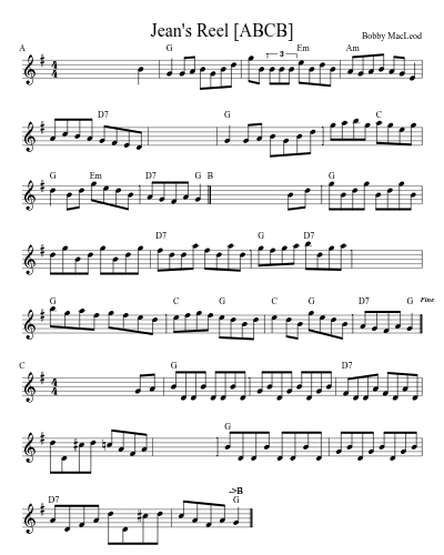 Jean's Reel [ABCB] (Version 2) sheet music preview