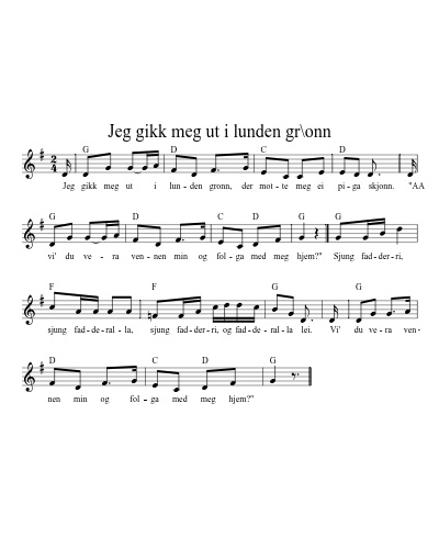 Jeg gikk meg ut i lunden gr\onn (Version 2)
