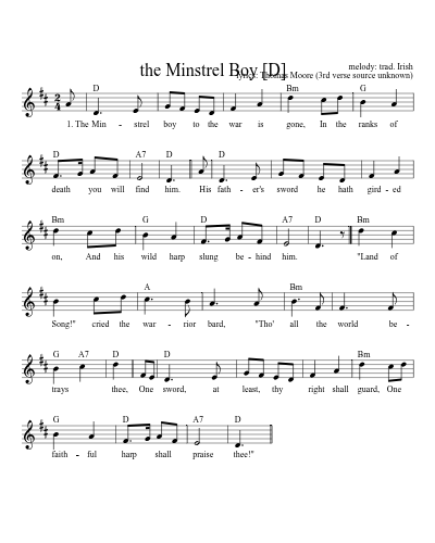 the Minstrel Boy   [D] (Version 9) sheet music preview