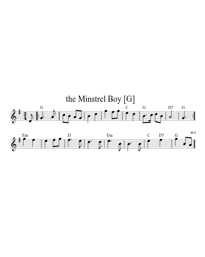 the Minstrel Boy   [G] (Version 5) sheet music preview