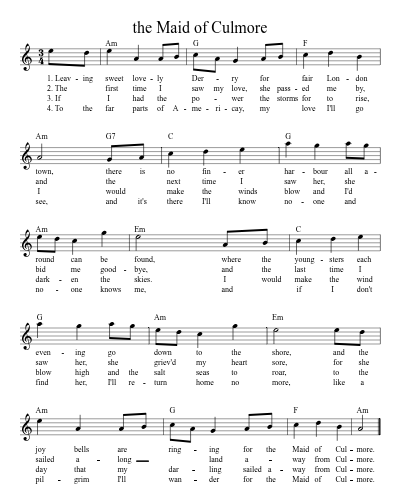 the Maid of Culmore (song) sheet music preview
