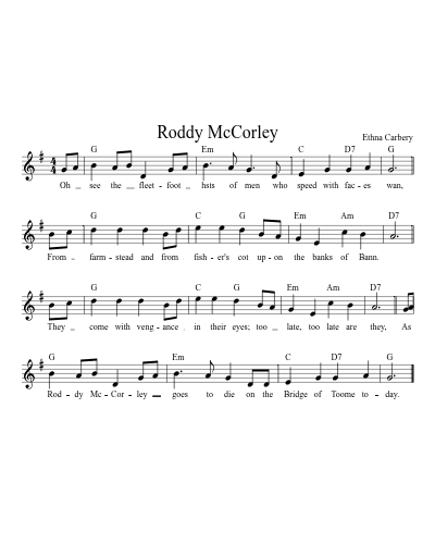 Roddy McCorley (song) sheet music preview