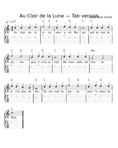 Au Clair de la Lune — Tab version