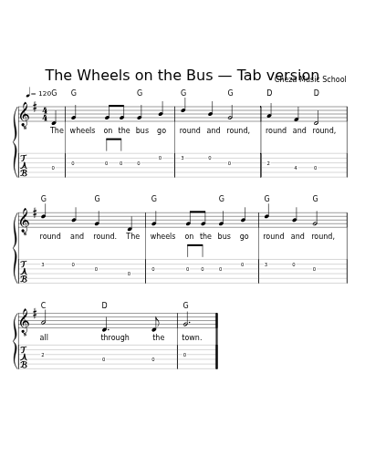 The Wheels on the Bus — Tab version sheet music preview