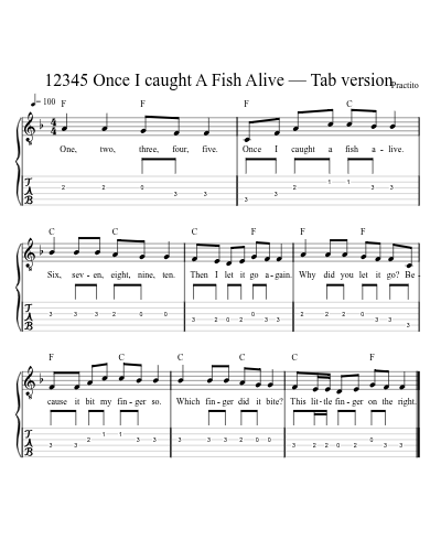 12345 Once I caught A Fish Alive — Tab version