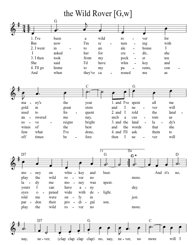 the Wild Rover [G,w] sheet music preview